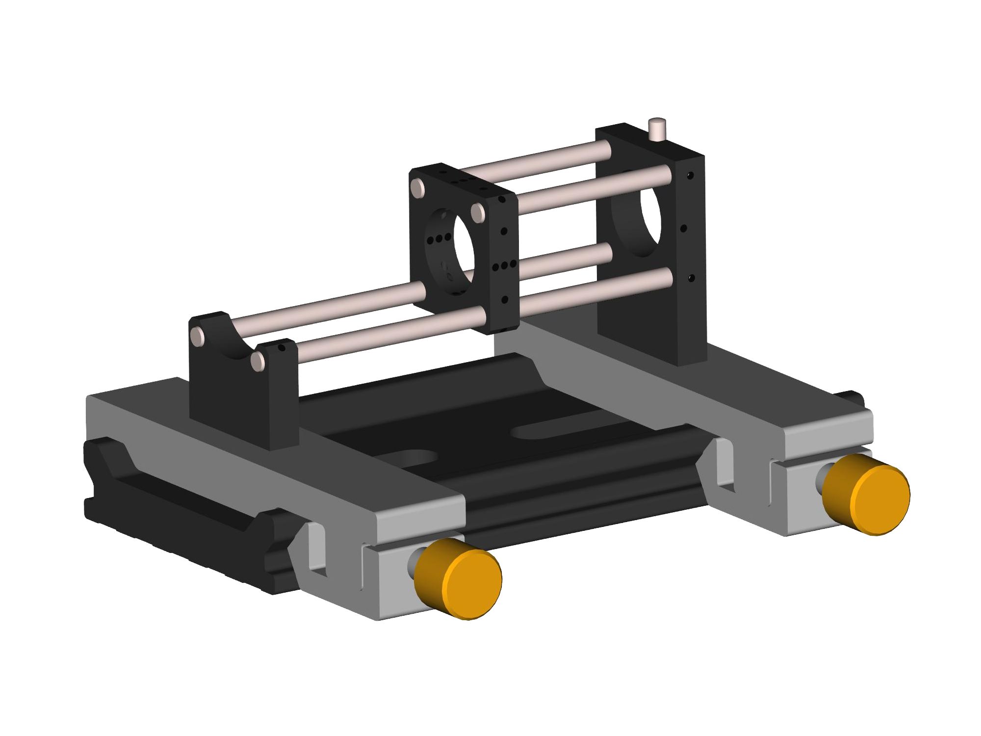 Application example: Both Carriers X 95 - MB are mounted on a Flat rail FLS 95 and each carries a Microbench Holder, which in turn are connected via the Microbench rods